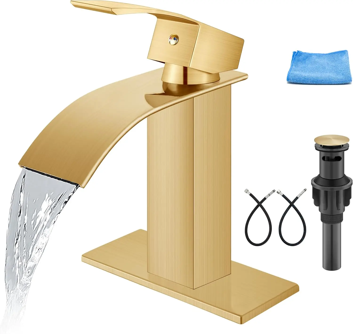 

Single Handle Bathroom Faucet with Waterfall Spout, Brushed Gold Finish, Includes Drain and Cover Plate