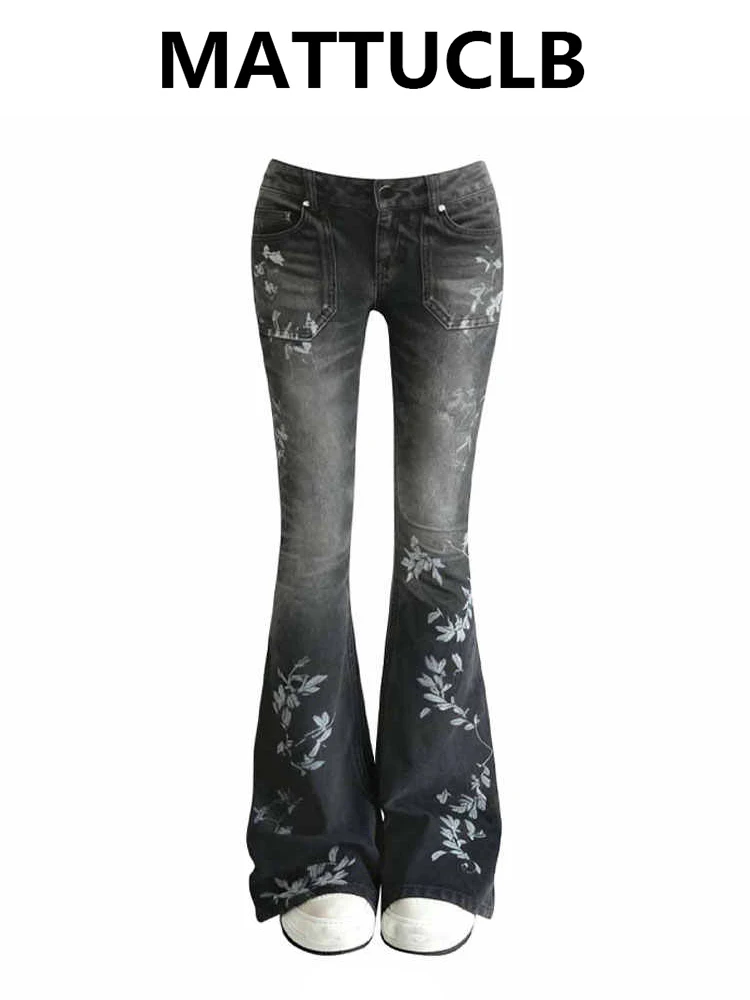 Women's American Retro Black Low Rise Flare Jeans Stylish Aesthetic Denim Pants Y2k Abi Jeans Harajuku Japanese Bell Bottom Jean