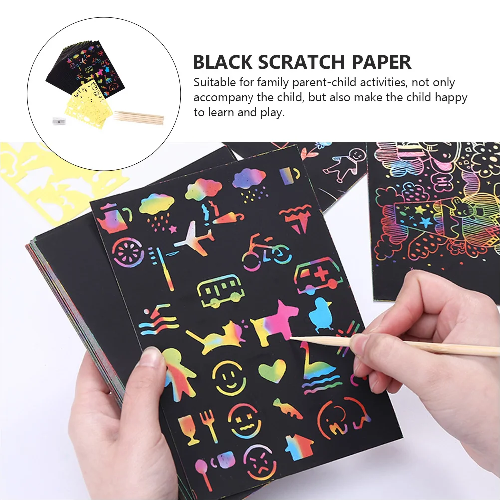 50 Scratch Paper Kits Safe Toys 4 Stencils 5 Bamboo Pens Graffiti Drawing Tool Parent Activities Learning Play