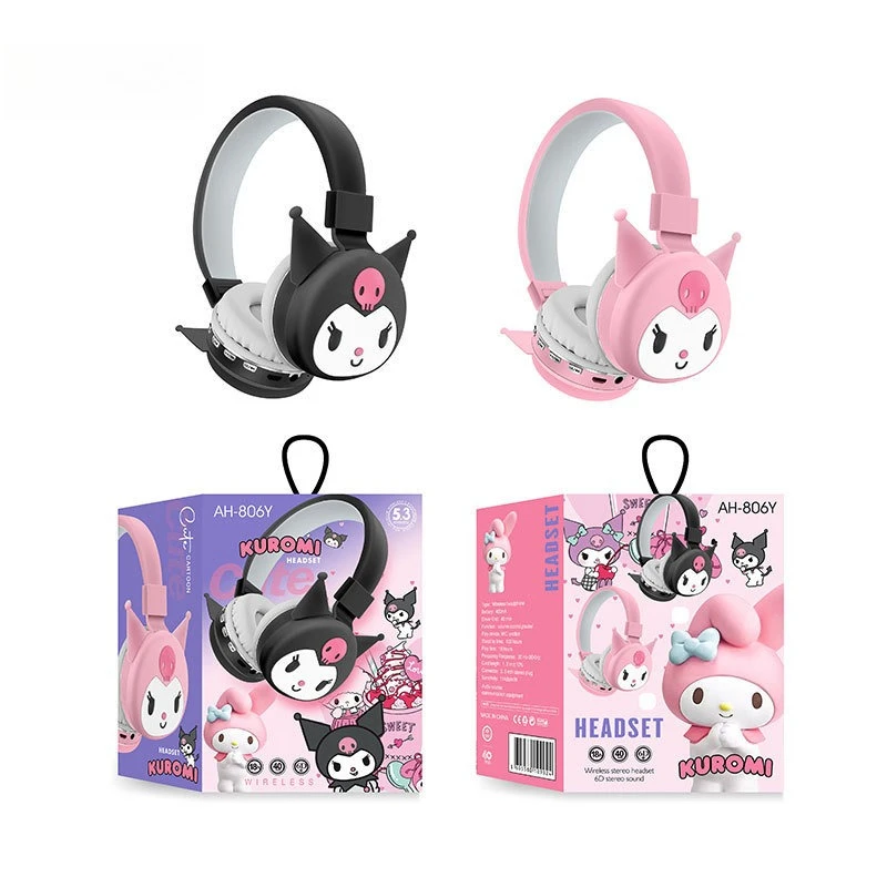 سماعات Miniso Kuromi Sanrio L سماعة رأس بلوتوث لاسلكية مثبتة على الرأس للأطفال برسوم كرتونية لطيفة