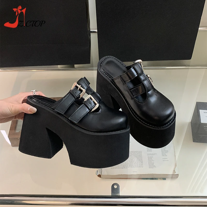 Platform Chunky Heeled Sandals Women Closed Toe Super High Heels Mules Slip On Black Goth Punk Shoes Summer Slippers Big Size 42