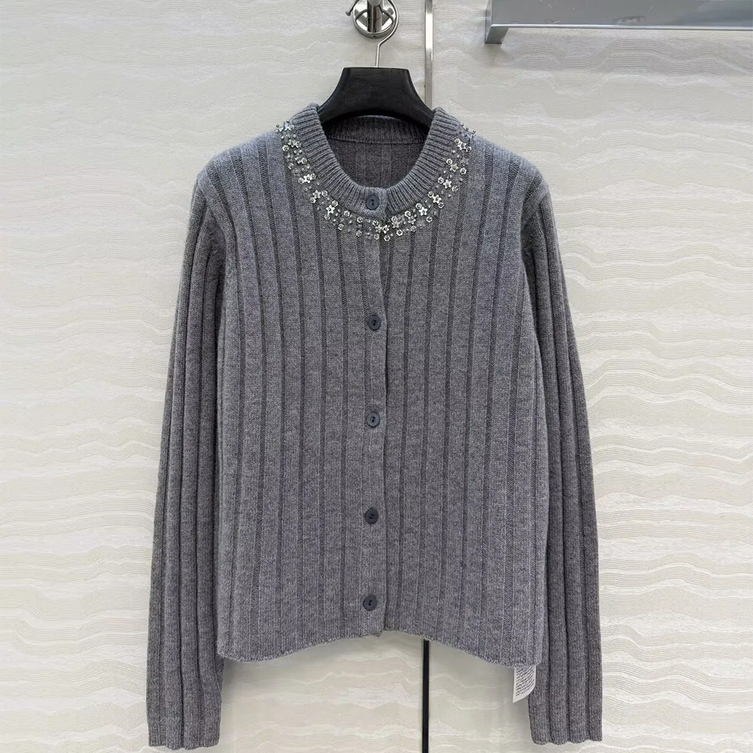 

New Autumn Wool Cashmere Knit Cardigans Women Sequins Beading O-neck Long Sleeve Single Breasted Casual Gray Stripes Sweater