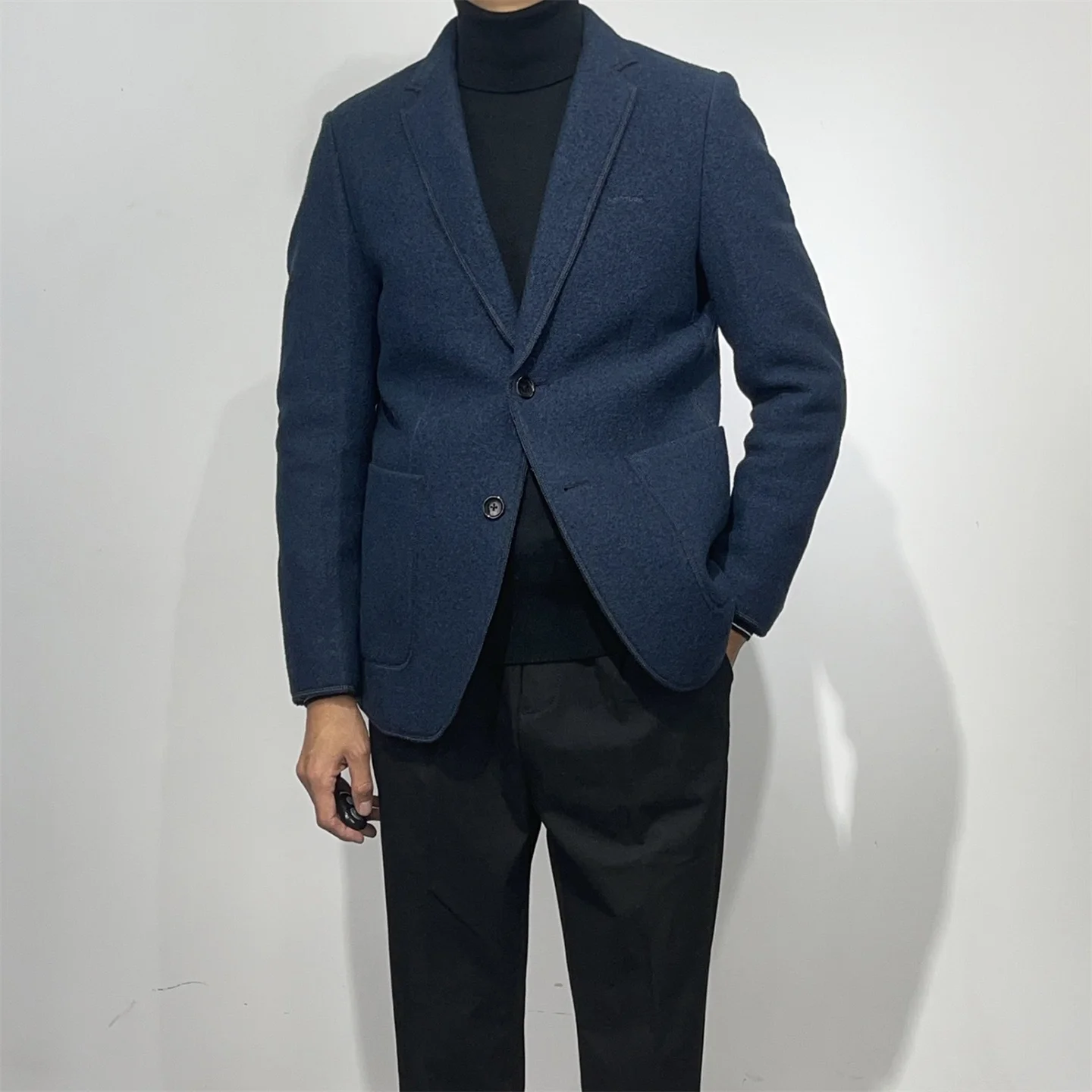 

High-End Double-Faced Camere Casual Suit Men's Tailored Fit Ele Blue Commute Suit Winter Faion Urban Sle Long Sve