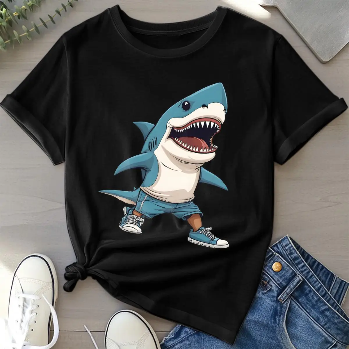 

Funny Cartoon Shark T-Shirt, Walking Shark Humorous Ocean Animal Graphic Tee, Unisex Sea Creature Lover Casual Top Gift