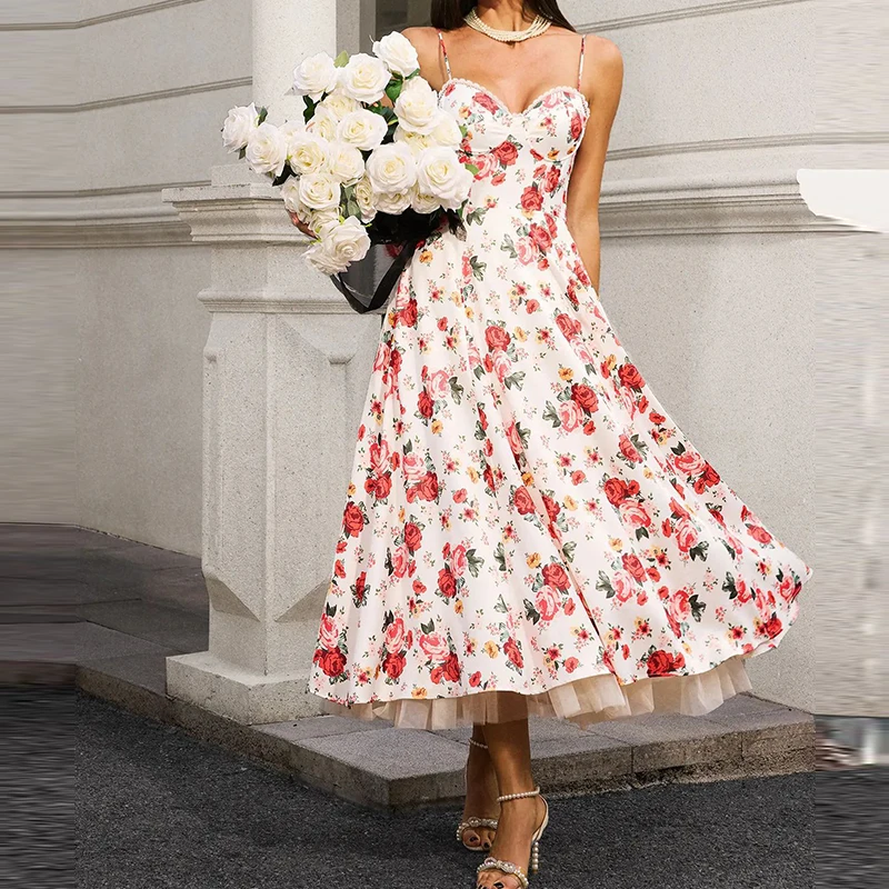 

Women Sexy Off Shoulder Bow Sling Dress Fashion High Waist Pleated Long Party Dress Elegant Floral Print Sleeveless A-Line Dress