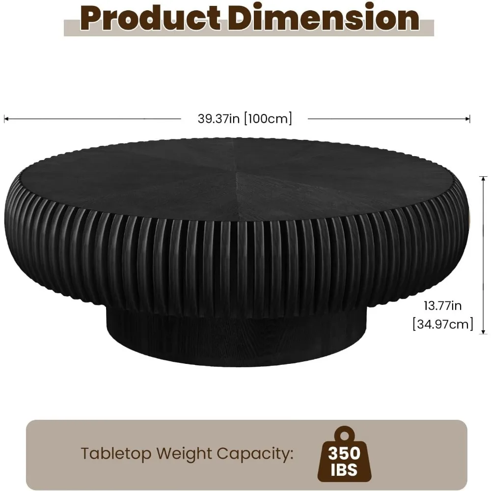 39.3 Drum Coffee Table Modern Unique Fluted Tea Table Contemporary Wood Round