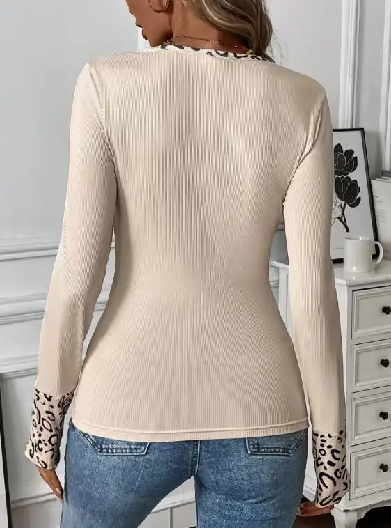 بلوزة نسائية بأكمام طويلة ورقبة دائرية مع زخرفة بطبعة الفهد، متعددة الاستخدامات وغير رسمية لفصلي الربيع والصيف.