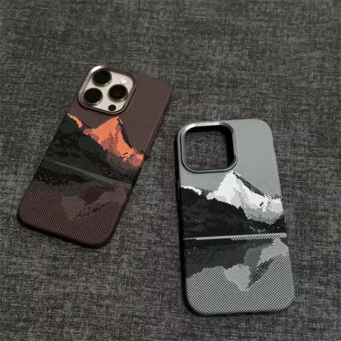 MagSafe Abstract Mountain Peak Grid Case Cover for iPhone 16 15 Pro Max Carbon Color Hard PC Camera Metal Frame Protection Funda