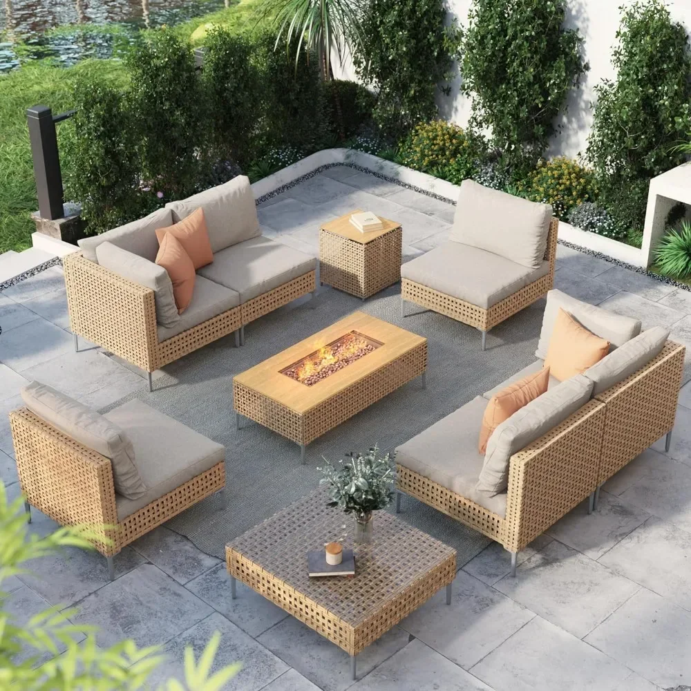 

9-Piece Patio Furniture Set with 47" Fire Pit Table, Propane Fire Pit & Storage Box with Water Resistant Cushions Economically