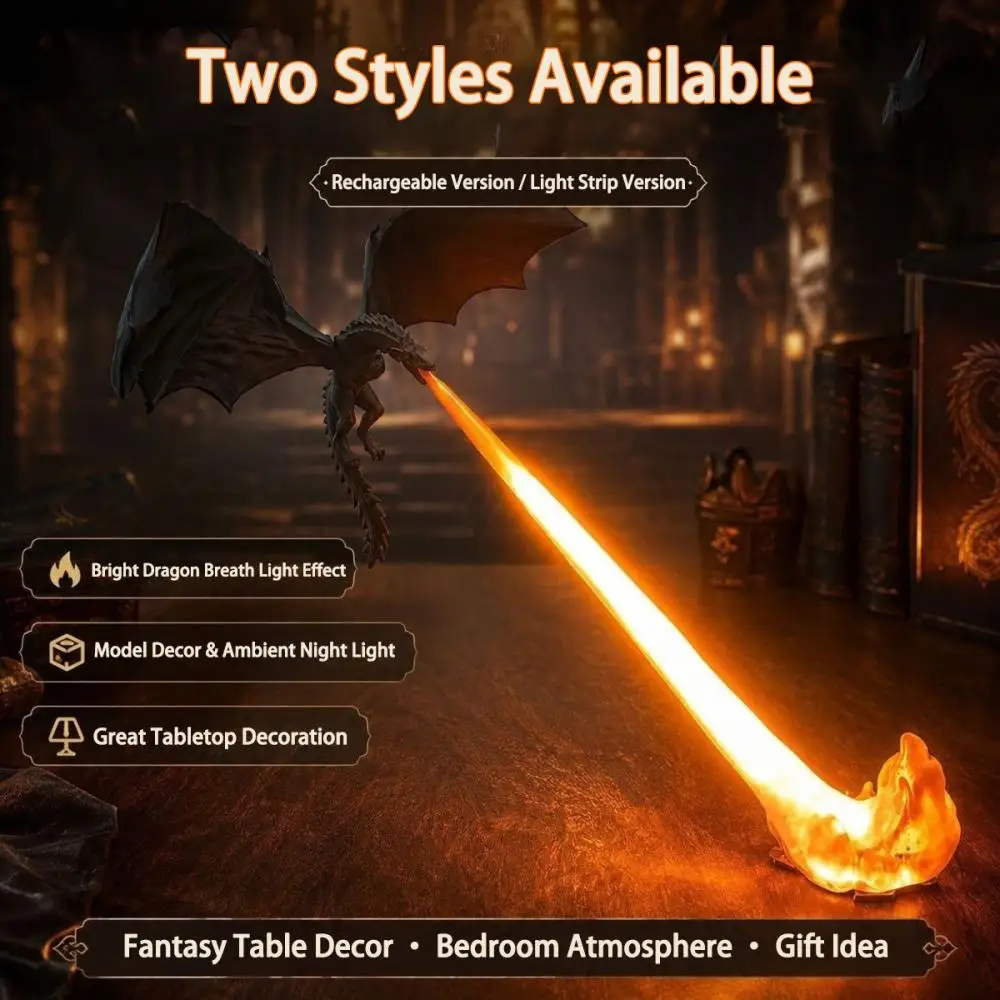 3D Dragon Flame Light Fantasy Breathing Fire Tabletop Ornament Rechargeable Night Lamp Desk Decor Christmas Gift