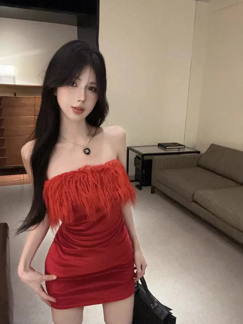 Robe Pure Desire Sexy épicée fille poilue sans bretelles fesse enveloppé rouge velours poitrine enveloppé robe de Banquet élégante FKH8