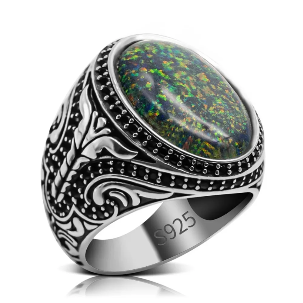 Real 925 Sterling Silver Ring for Men Synthetic Opal Stone Handmade Vintage Turkish Silver Ring for Male