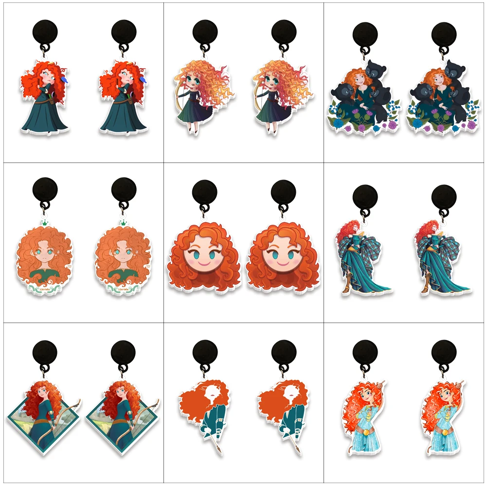 Disney Merida Princess For Women Girls Acrylic Colorful Hanging Pendants Stud Earrings Cute Insect Jewelry Special Gifts