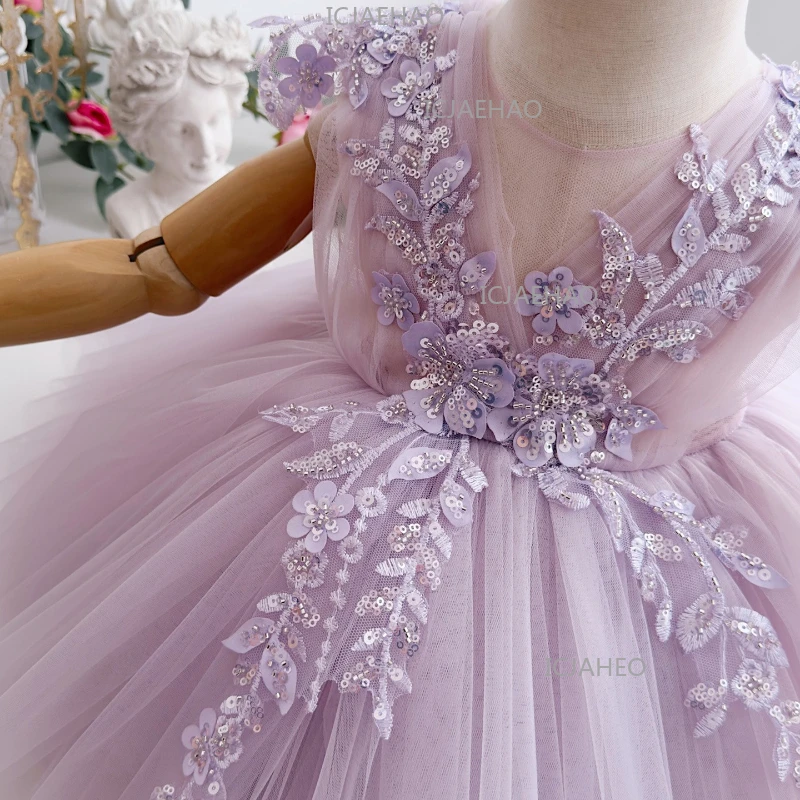 2026 Children Purple Princess Party Formal Pageant Gown Costume Dress Vestido Girls Sweet Cute Applique Baby First Birthday