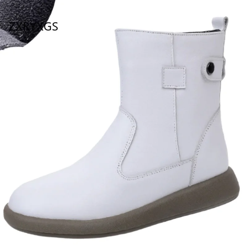 ZXRYXGS Top Layer Cowhide in-tube Boots Single Shoes Flat Boots 2026 Large Size Autumn Winter Boots Women Comfort Warm Snow Shoe