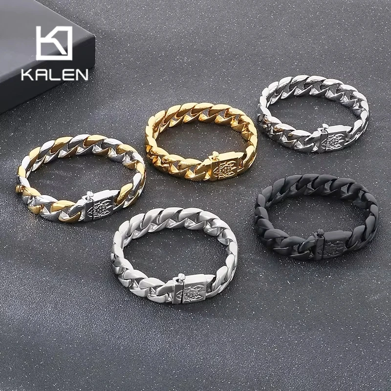 Kalen 15mm Stainless Steel Lucky Calf Cuban Bracelet for Men Punk Shiny Brushed Chain Wirst Wristband Biker Party Jewelry Gift
