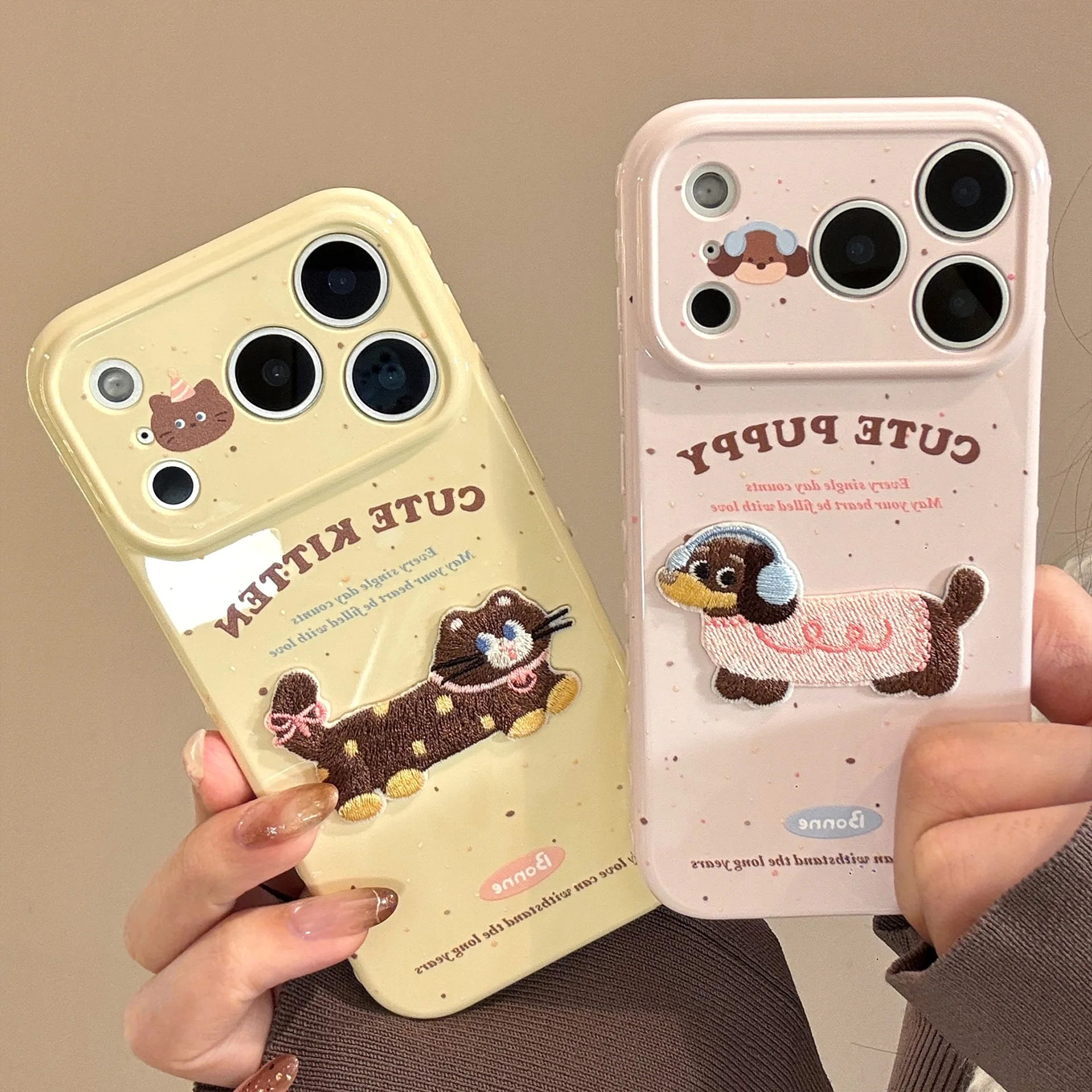 Koreanische süße Cartoon-Stickerei Plüsch Welpen Kätzchen Paar Handyhülle für iPhone 17 13 14 12 15 16 Pro Max stoßfeste Softcover