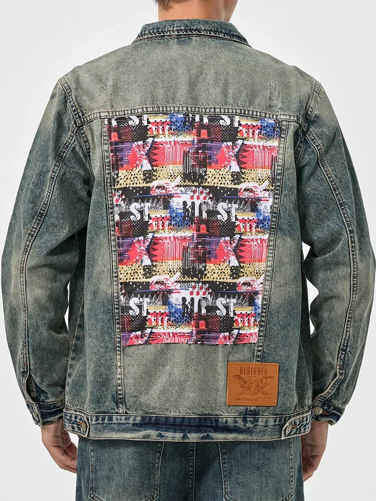 Korean version of the casual denim jacket men's personalized patchwork splicing high street tide retro loose top 7XL