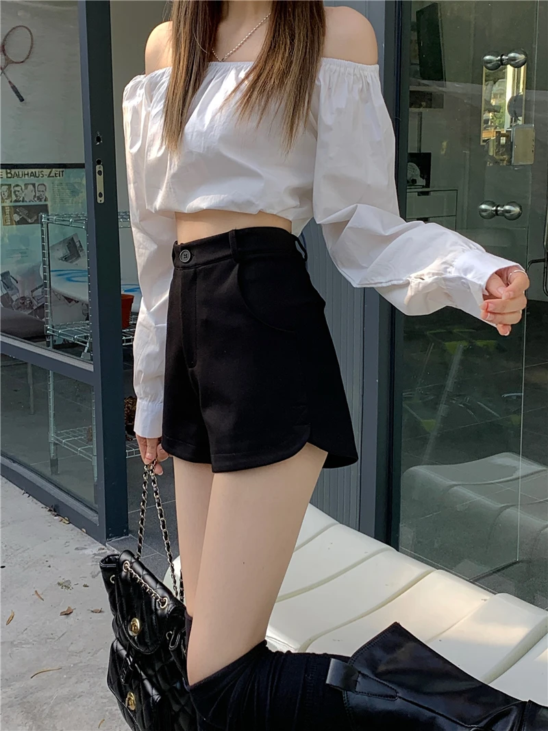 กางเกงขาสั้นเอวสูงผ้ายืดทรงตรงสำหรับผู้หญิง สไตล์ลำลอง แฟชั่น ทันสมัย เหมาะสำหรับใส่ทำงาน ดีไซน์ไม่สมมาตร ไซส์พลัส