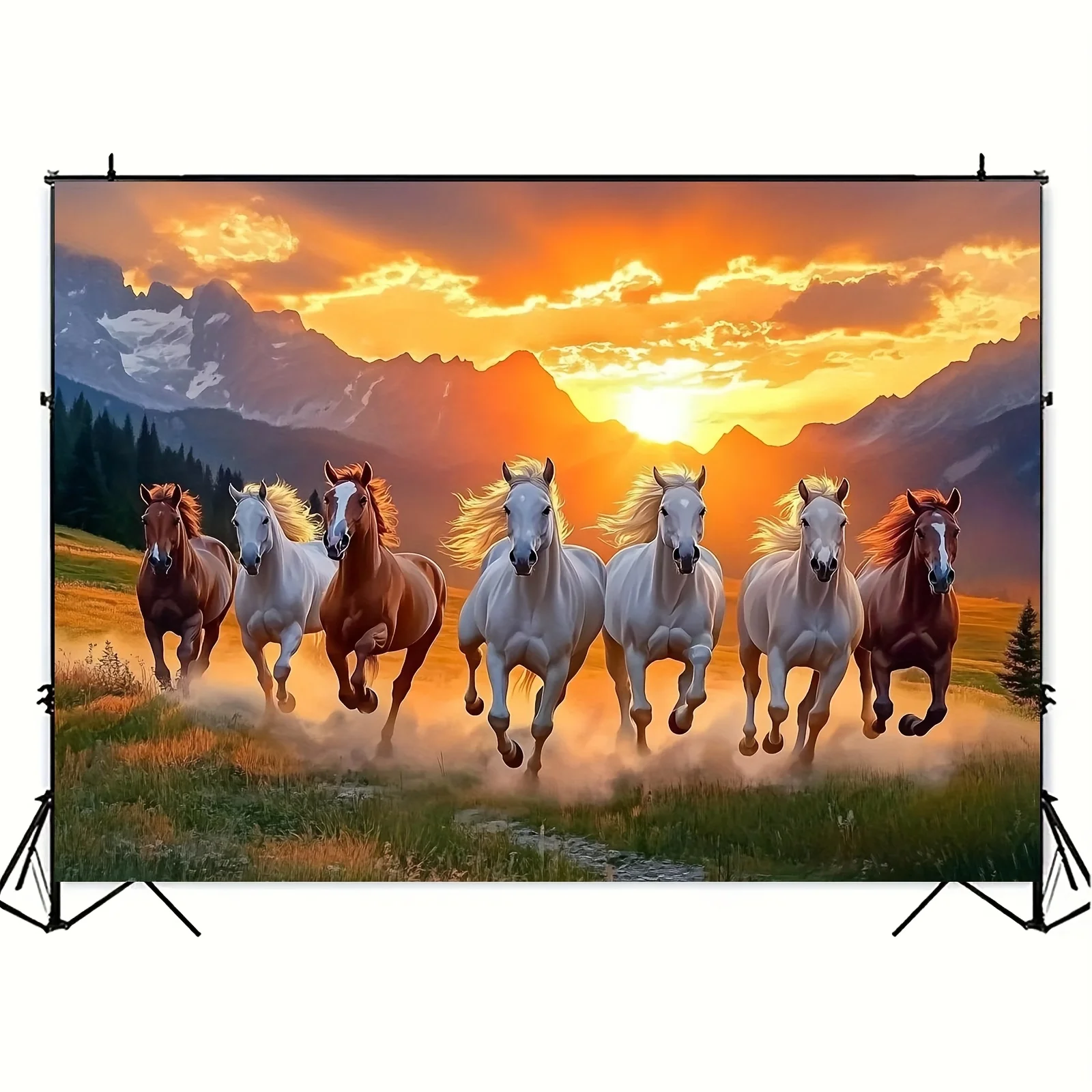 Vibrant Sunset Gallop Wall Tapestry for Living Room Decor, Featuring a Herd of Majestic Horses in Full Stride Across a Lush