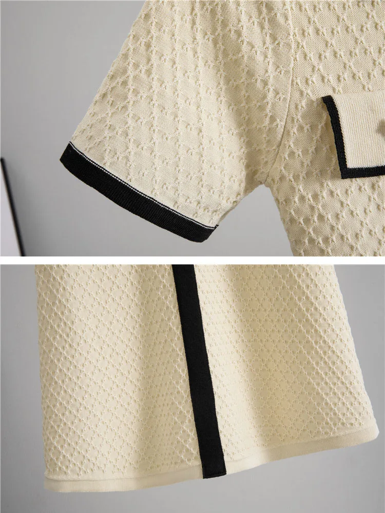 Design coreano elegante vestido forrado feminino polo pescoço de malha manga curta vestidos verão fino chique único breasted vestidos