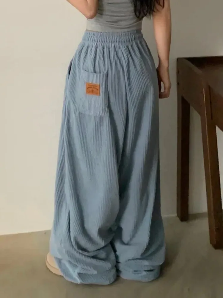 レトロなパーソナライズされたバケットラベルコーデュロイ伸縮性ウエストワイドレッグパンツ女性のカジュアルパンツ冬の新作