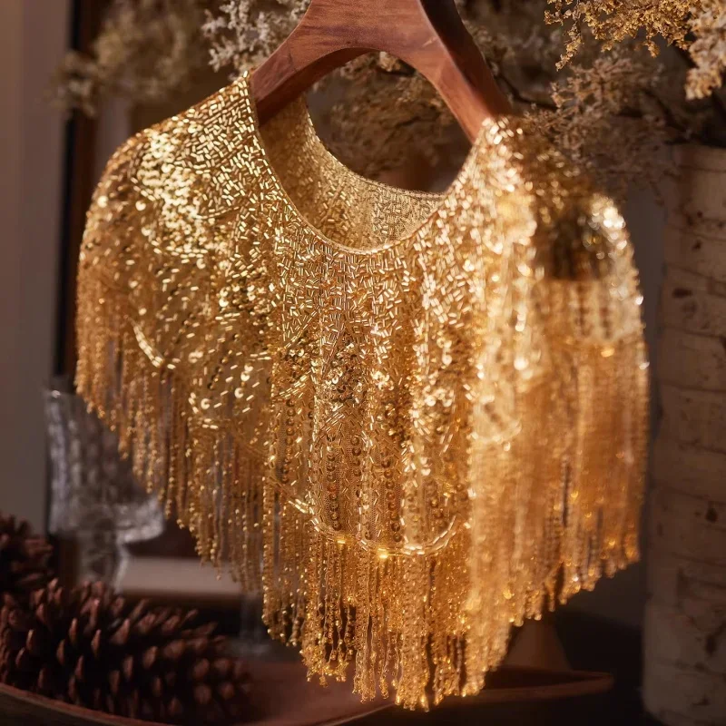 

Versatile Round Neck Heavy Handmade Gold Tassel Shawl