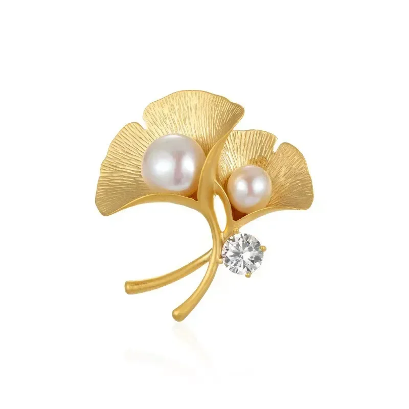 Pearl Ginkgo Leaf Brooch Women's Anti Glare Internet Celebrity Matte Gold Brooch Decorative Jacket Suit Clothing Accessories Pin