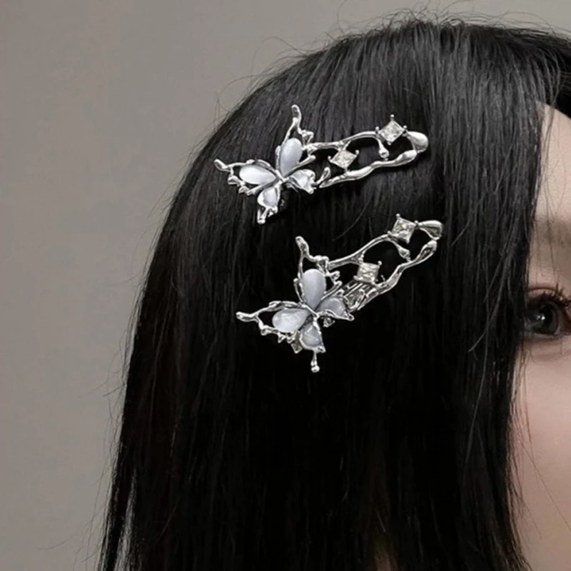 

Y2K Irregular Liquid Metal Hairpin Butterfly Zircon Hair Clips Girl Fashion Silver Bang Clip For Women Hair Accessories