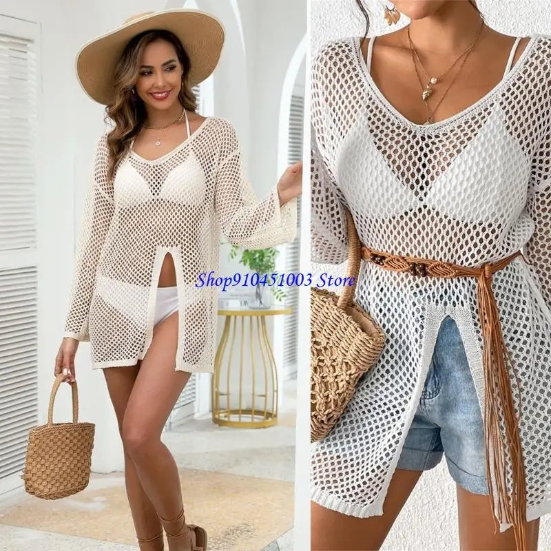 77HC Hollow Crochet Beach Shirt for Women Long Sleeve Bathing Suit Coverup Knit Dress