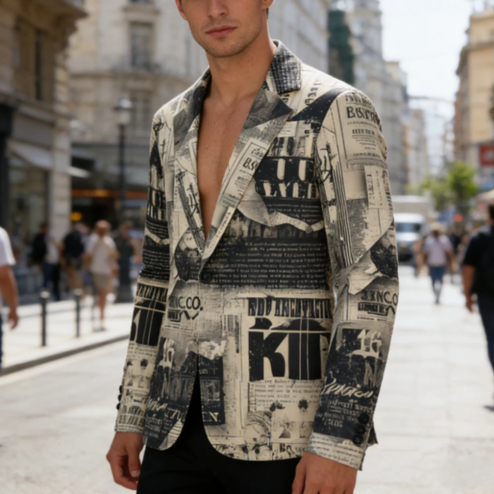 Men Vintage Newspaper Print Blazer Trend Oversized Casual Loose Fit Single Breasted Streetwear Jacket Graphic Business Suit Coat