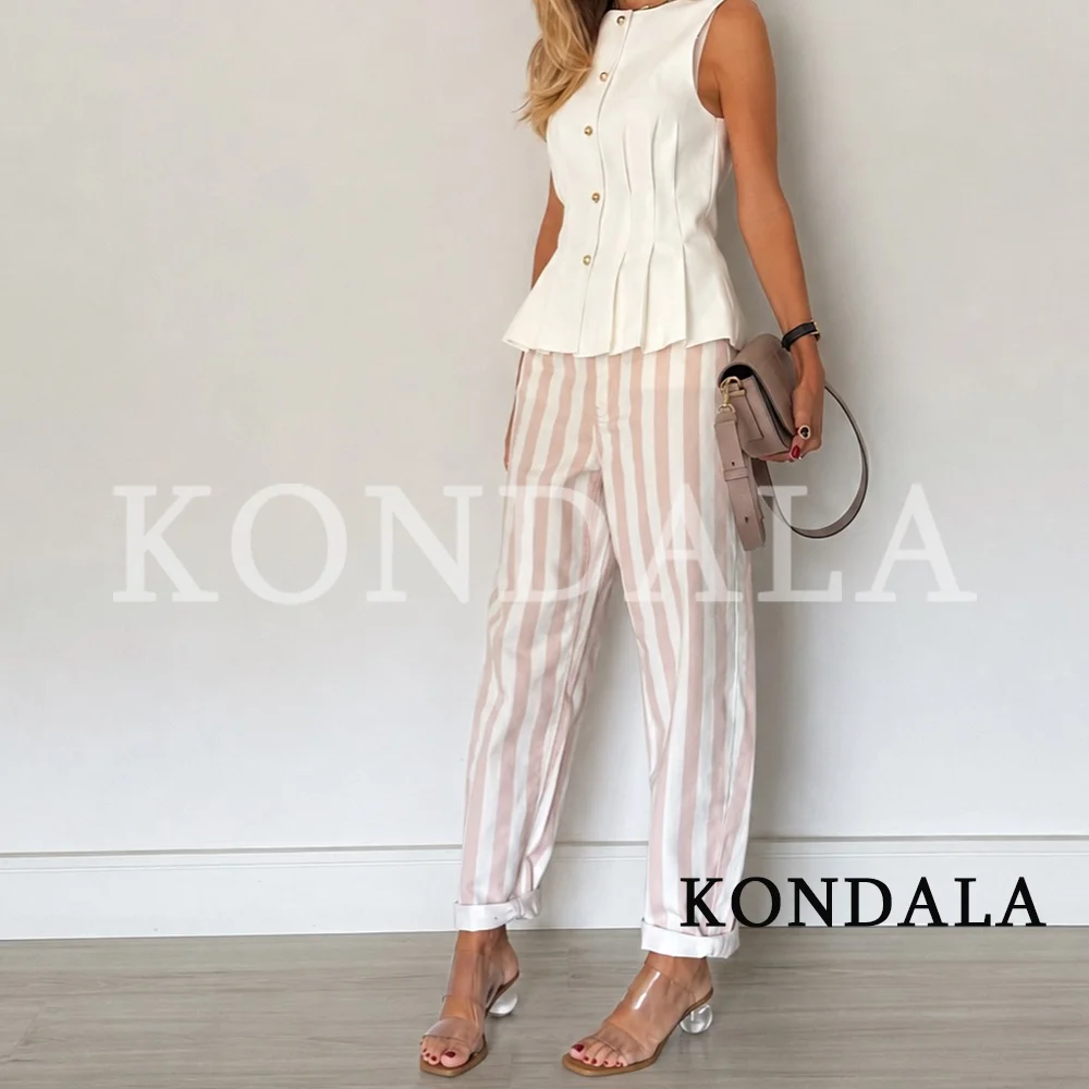KONDALA Women Elegant Striped Denim Long Pants 2026 Early Autumn/Fall Trendy High Street Commute Jeans Ladies Leisure Chic Pants