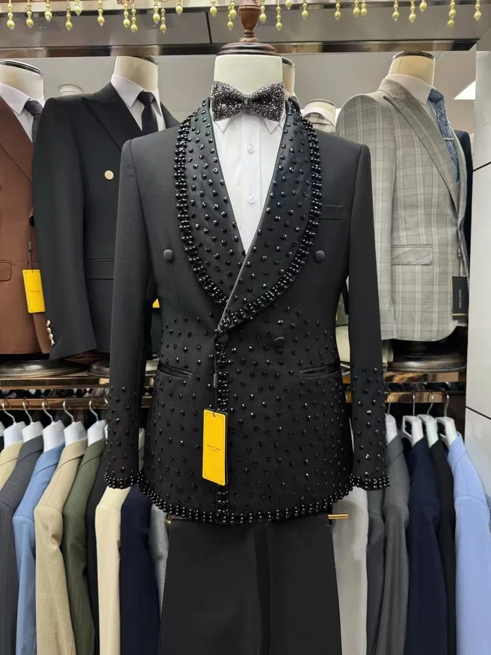 

Luxury Crystals Stone Men Suits 2 Piece Blazer+Pants Black Cotton Wedding Tuxedo Coat Customized Formal Office Jacket