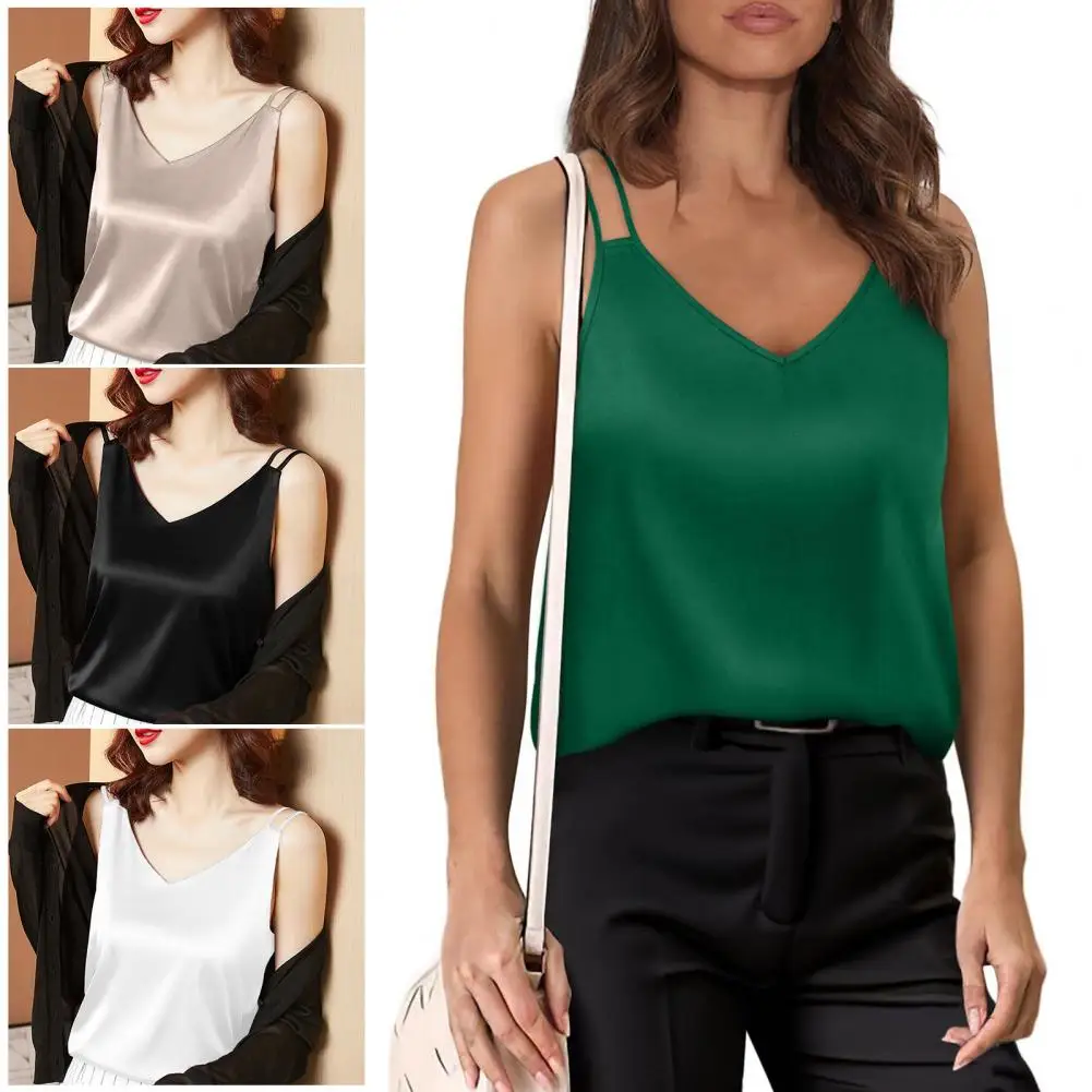 Women Summer Vest V-neck Sleeveless Solid Color Tank Tops Loose Fit Smooth Fabric Camisole Casual Pullover Tops