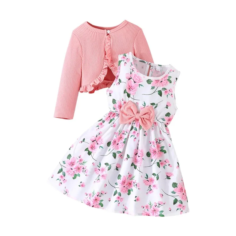 

2-8Y Kids Girl Outfits Sleeveless Floral Bow A-Line Dress with Ribbed Ruffle Cardigan Coats Children Clothes Princess