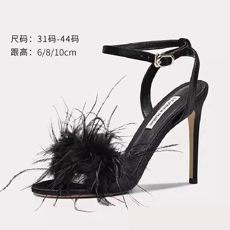 Summer New One Line Ribbon Silk Face Feather Wedding Shoes Thin High Heel Party Dress Versatile Large and Small Women's Sandals