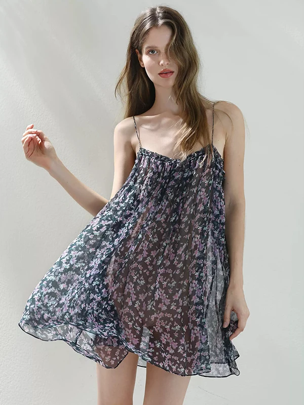 قميص نوم صيفي بنقشة زهور منعشة، ملابس نوم مقاس كبير، فستان منزلي خفيف الوزن ومريح بدون ظهر للنساء ذوات المقاسات الكبيرة