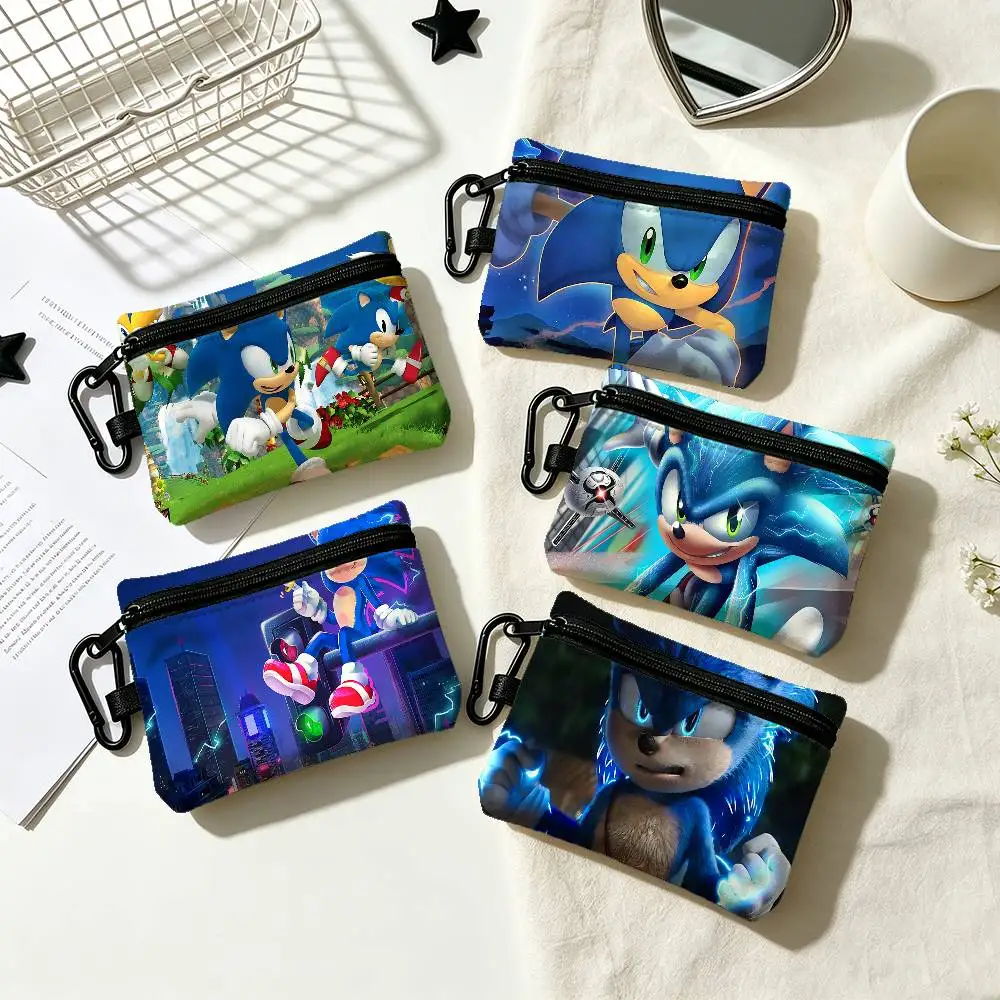 S-Sonic The Hedgehog Cartoon Portable Oxford Fabric Mini Wallet Carabiner Design Small Coin Bag For Cards Keys Earphones