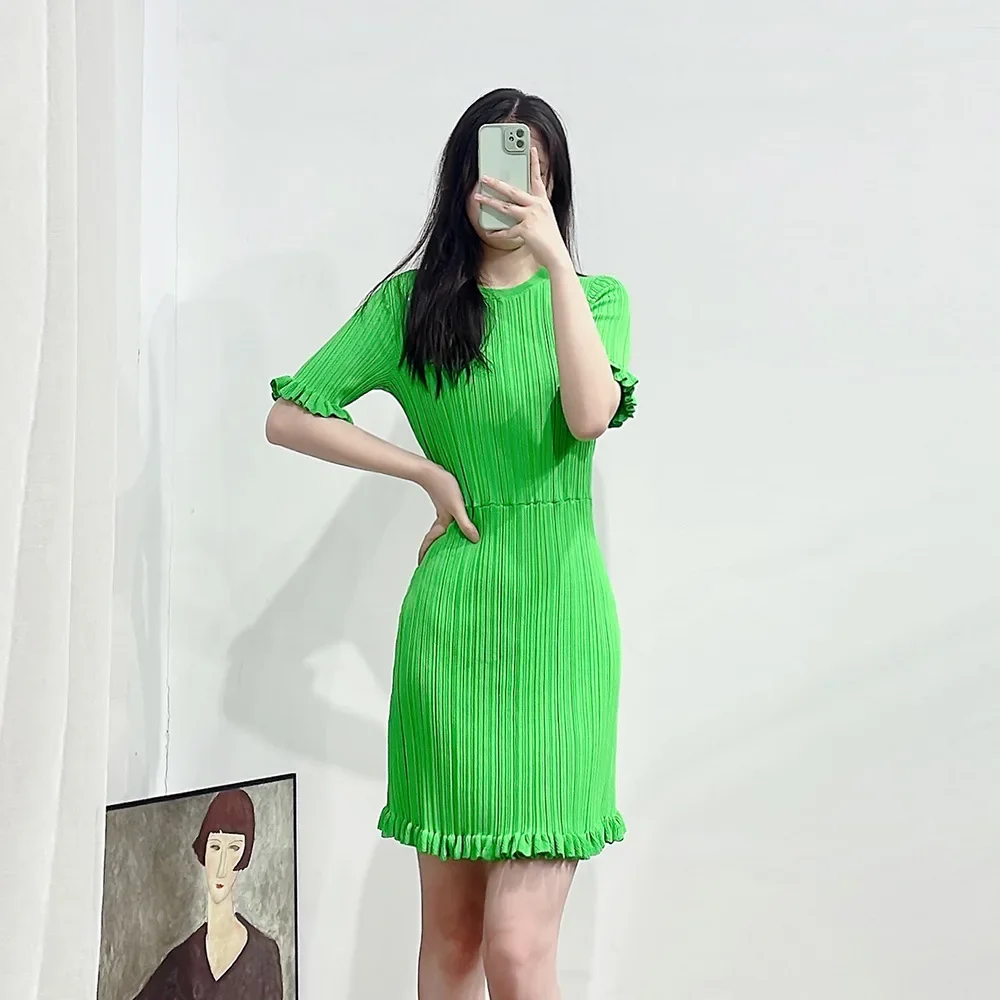 

Spring Summer Women Ruffles Knit Robes Slim Black Green Simple All-match Female Knitted Stretch Mini Dress