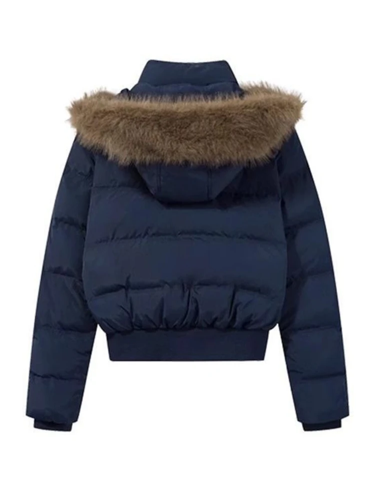 معطف أمريكي عتيق بأكمام طويلة مع قلنسوة قصير بياقة من الفرو الصناعي معطف نسائي غير رسمي بلون نقي Y2k بسحاب عتيق لخريف 2025 #4