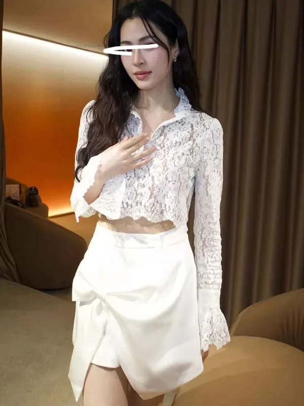 

Elegant High Waist Long Sleeve Stand Collar Lace Trim Top Knot Asymmetrical Skirt Fashionable Spring Autumn Set for...