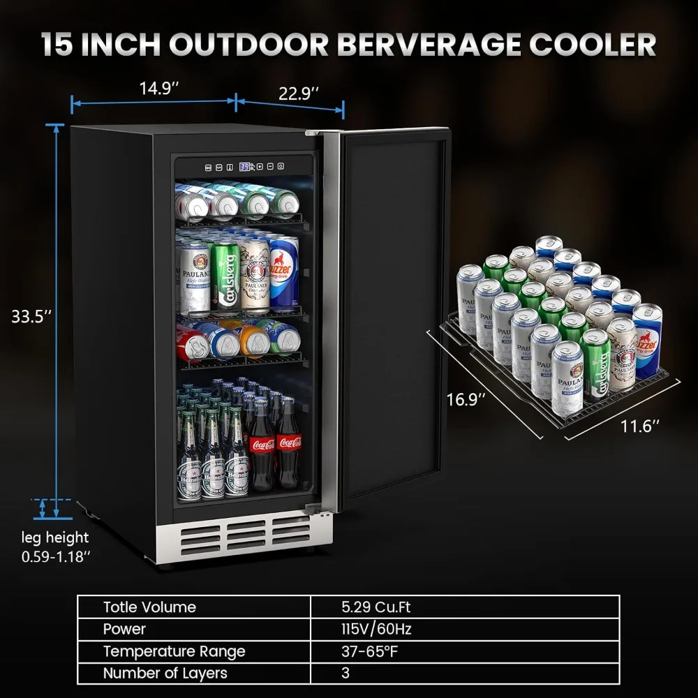 15 Inch Outdoor Beverage Fridge, Stainless Steel Beverage Cooler Under Counter Beer Fridge, Indoor/Outdoor Beverage Refrigerator