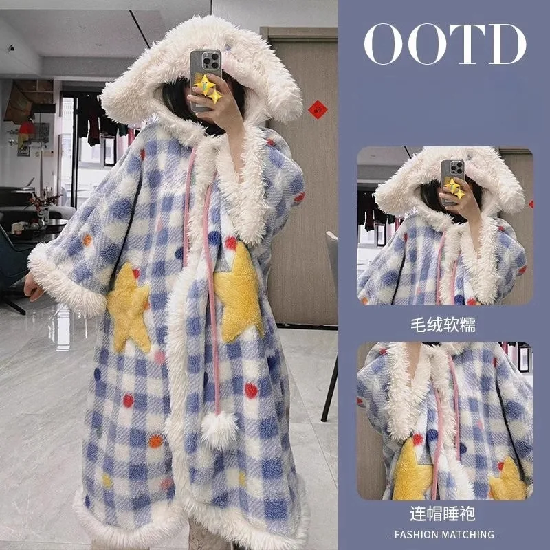 

Kawaii Cinnamoroll Coral Fleece Hooded Nightgown Anime Girl Cute Pajamas Winter Fleece-lined Thicken Cloak Homewear Suit New