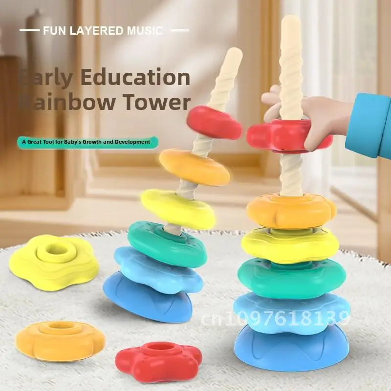 

Educational Rainbow Rotating Tower Stacking Toy with Music for Babies 1-2 Years Old - Early Learning Color & Shape Toy