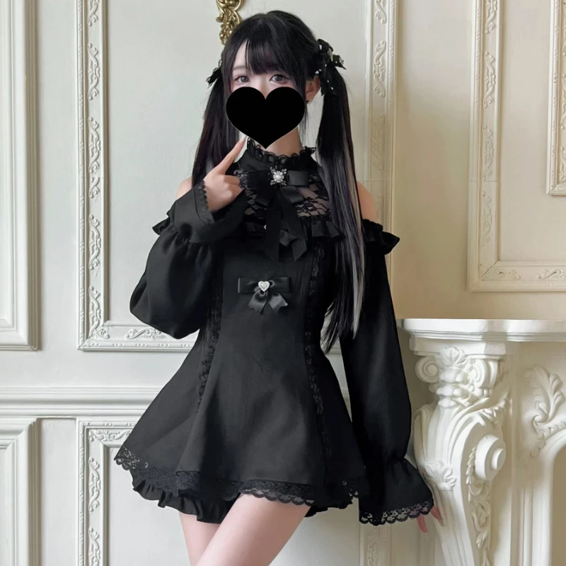 Japanese Gothic Bow Dress women black party Shorts Set Lace Off Shoulder Long Sleeve Slim Shirts Dresses Lolita Y2k Outfits chic