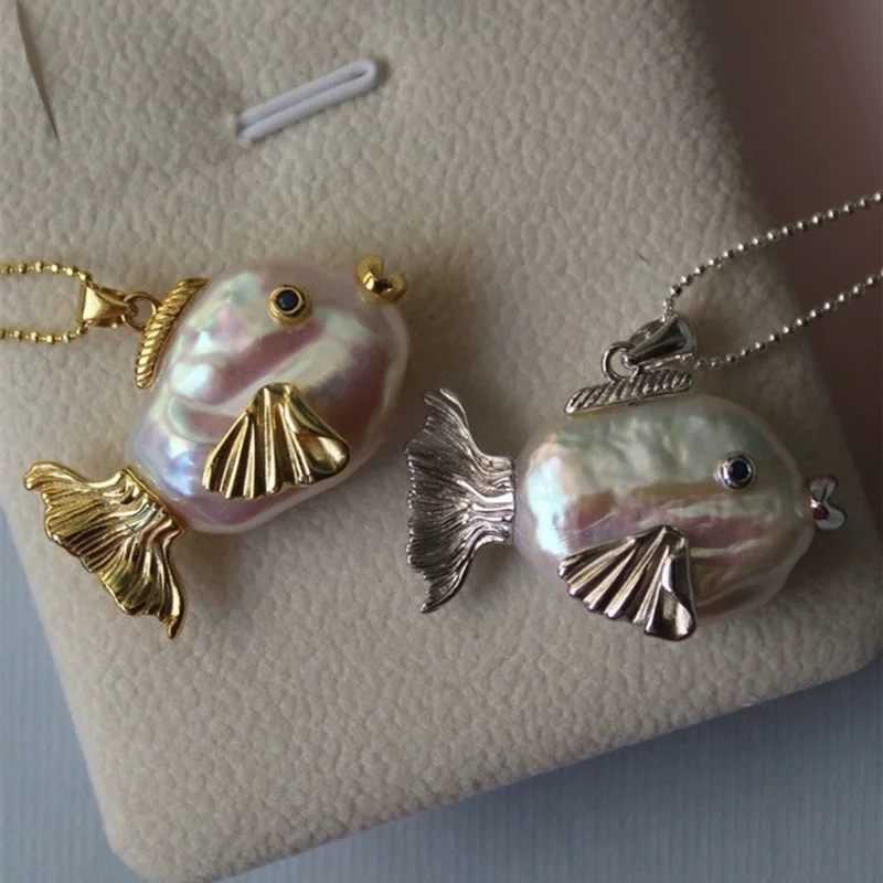 Ocean World Clown Fish Necklace Natural Pearl Headfish Pendant Jewelry Goldfish Kiss Fish Clavicle Chain Color Preserving