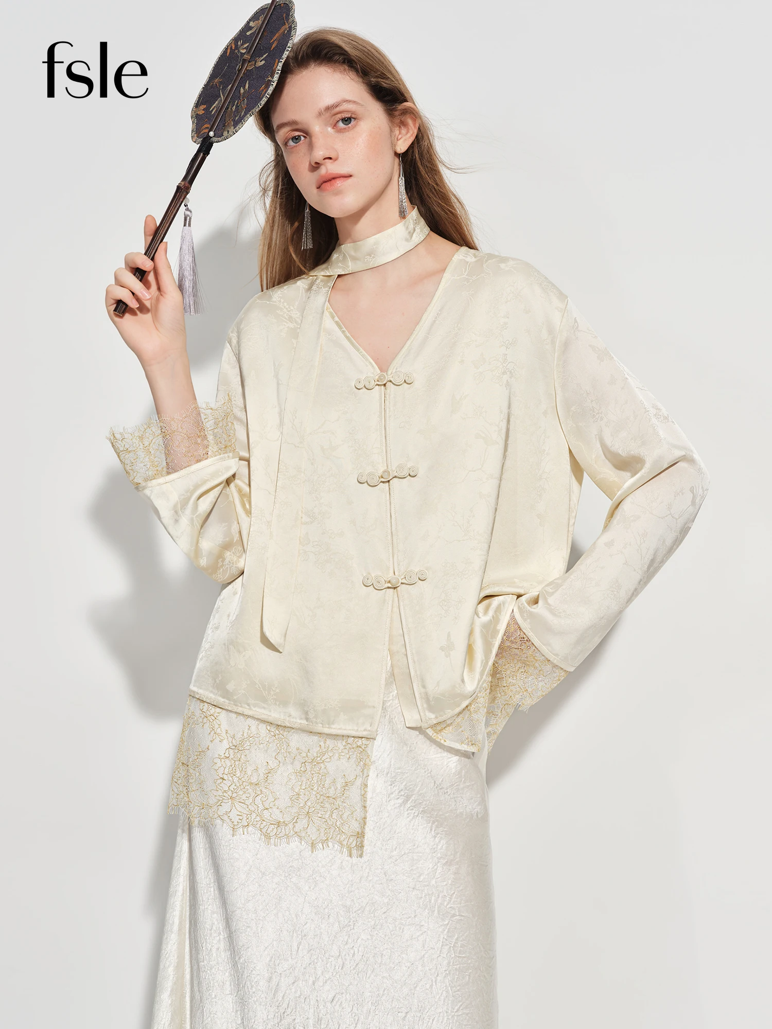 FSLE New Chinese-inspired Women's Satin Jacquard V-Neck Blazer Button Closure Acetate Fabric Sash Blouse Spring 2026 New Arrival