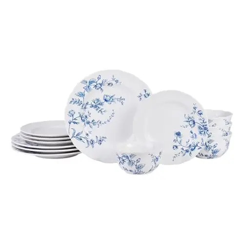 Juego de Vajilla de Porcelana 222 Fifth de 12 Piezas para 4 Personas, Platos y Tazones Blancos y Azules, Juego de Platos de Cerámica Brillante con Hermosos Detalles