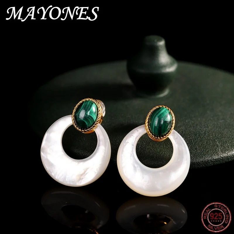 

925 sterling silver gold-plated shell inlaid peacock stone earrings European and American fashionable feminine jewelry