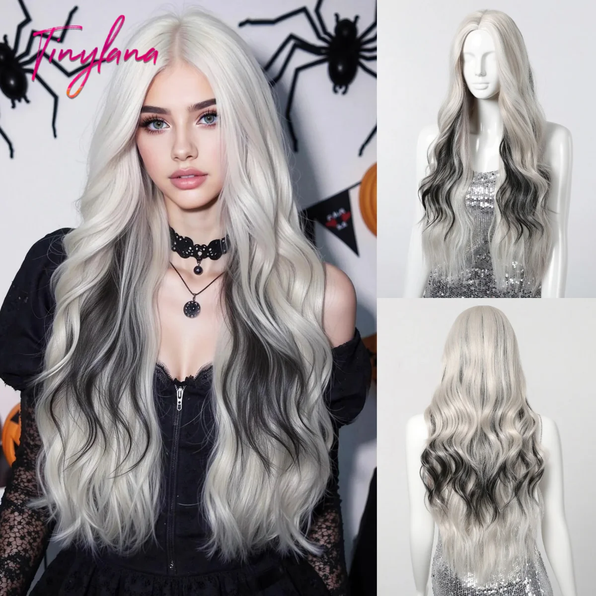 Silver White Black Witchy Highlights Gothic Long Curly Synthetic Wig Halloween Vampire Cosplay Heat Resistant Hair for Women